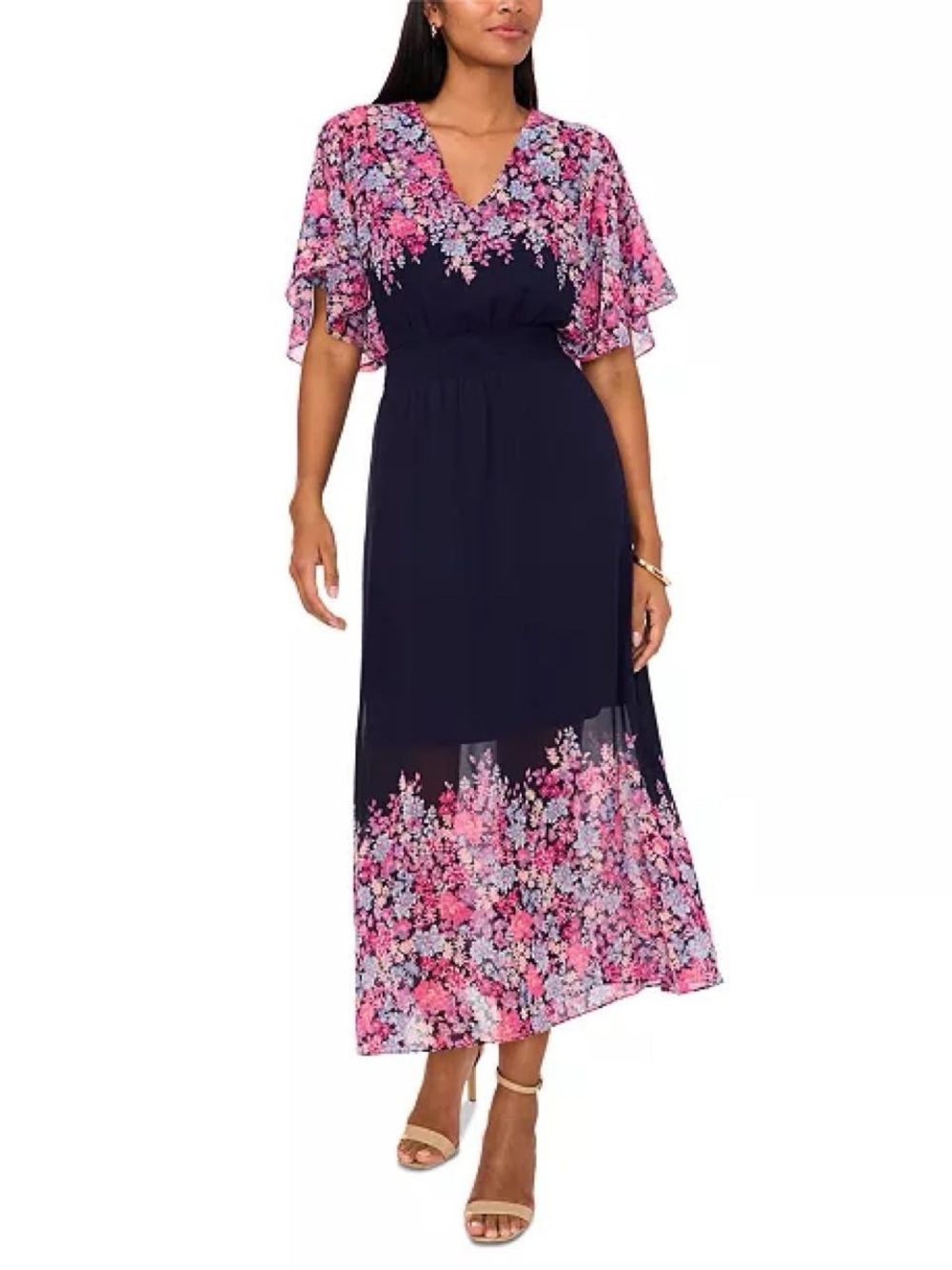 MSK Navy Maxi Dress with Pink Floral Accents